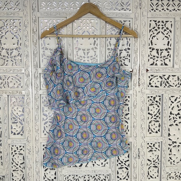 ie Tops - Vtg Y2K Retro Colorful Sheer Mesh Asymmetric Flowy Tank‎ Top Sz Large